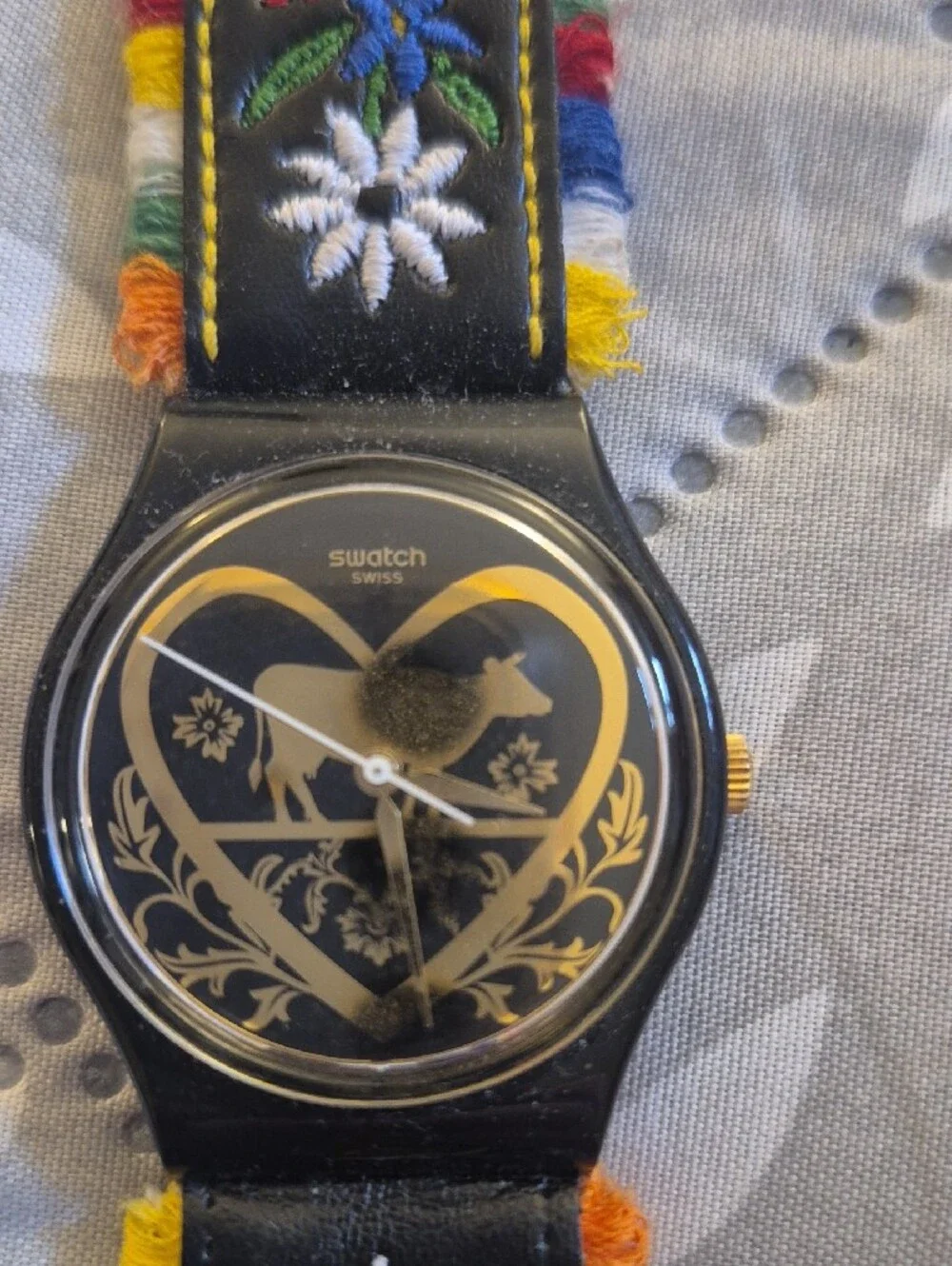 Swatch Black Watch with Multicolor Floral Embroidered Strap
